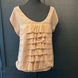 LOFT Raw Edge Ruffle Cap Sleeve Pink - Black Polka Dot Blouse